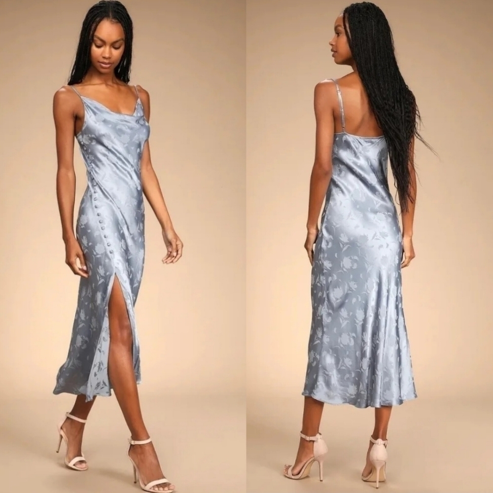 Lulus All About You Slate Blue Floral Jacquard Satin Midi Dress Wedding Party